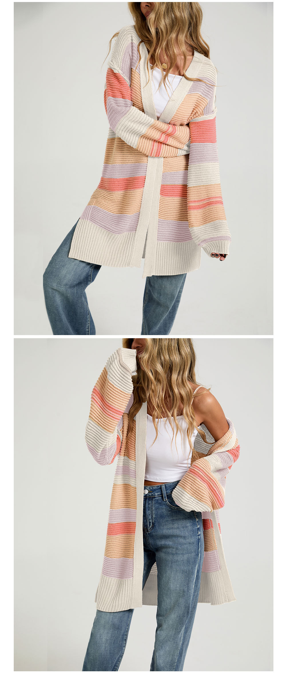 Color-block knit coat full length view — women's fall fashion