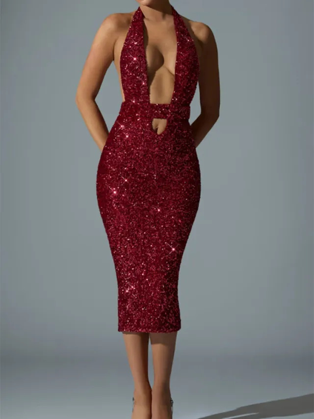 Deep V Halter Sequin Bodycon Hollow Out Dress Red - Shop at LoveMi