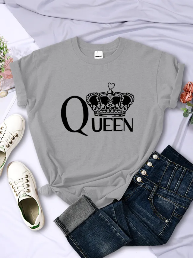 Queen'S Big Crown Printed Women T Shirts Breathable Summer Gray - Shop at LoveMi