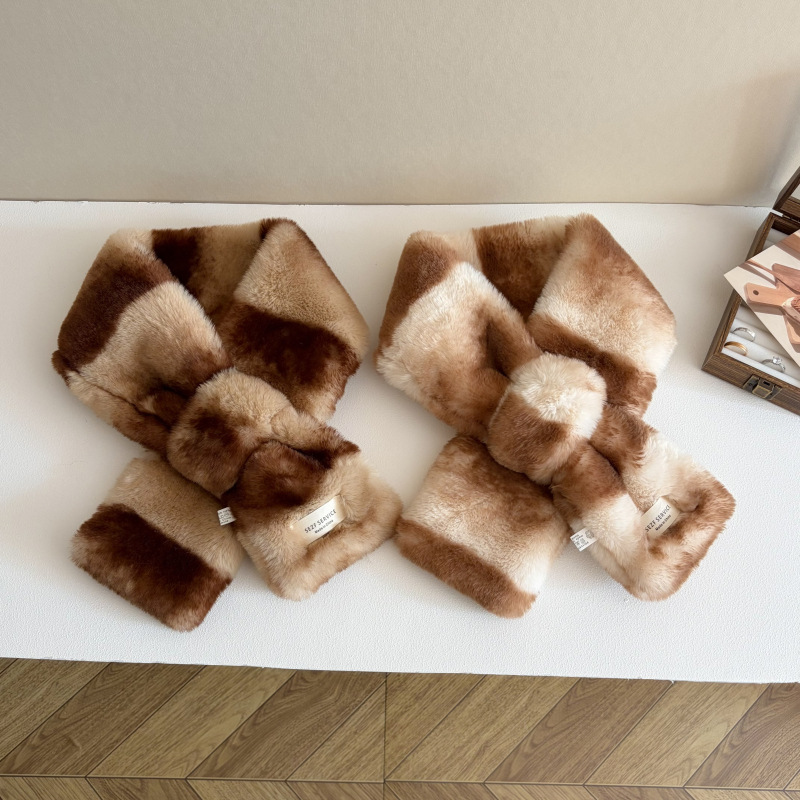 Imitation Rabbit Fur Plaid Scarf - Women's Thickened Warm Cross Knot Soft Fuzzy Neck Warbler