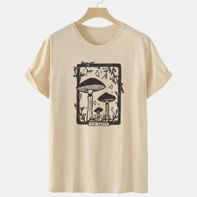 Printed Round Neck Loose Short Sleeves T shirt Khaki - Shop at LoveMi