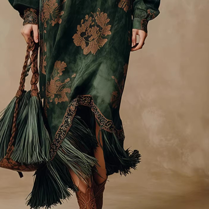 Retro Silhouette-printed Green Faux-suede Fringed Maxi Dress