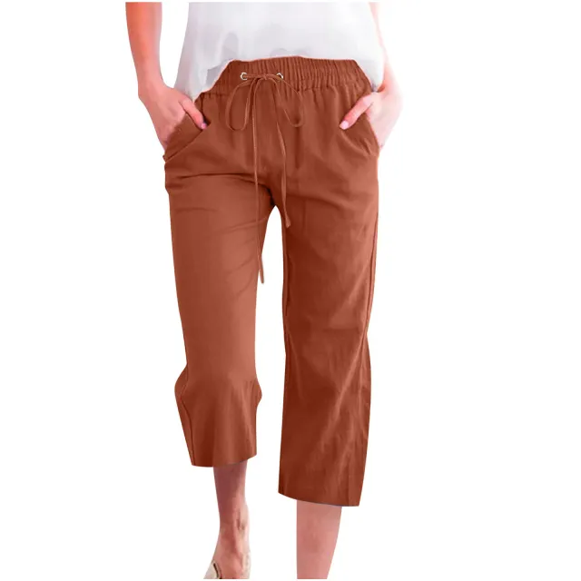 Women's Solid Color Drawstring Cotton And Linen Casual Loose Straight Pocket Home Cropped Pants Brown - Shop at LoveMi