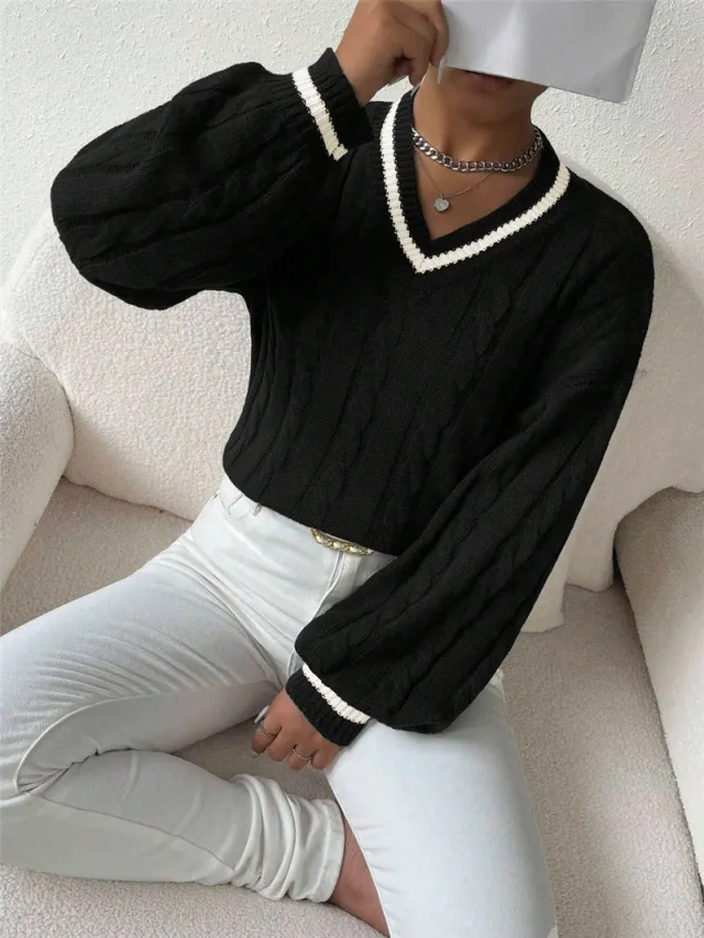 Autumn And Winter Elegant Contrast Color Twisted Loose V neck Fashion All matching Women's Sweater Black - Shop at LoveMi