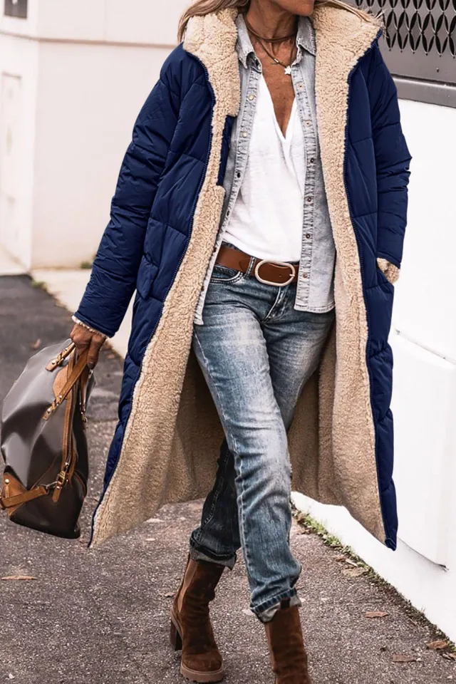 Solid Color Hooded Long Coat Winter Long Sleeve Double sided Wear Slim Elegant Cardigan Jacket Top Women's Clothing Navy Blue - Shop at LoveMi