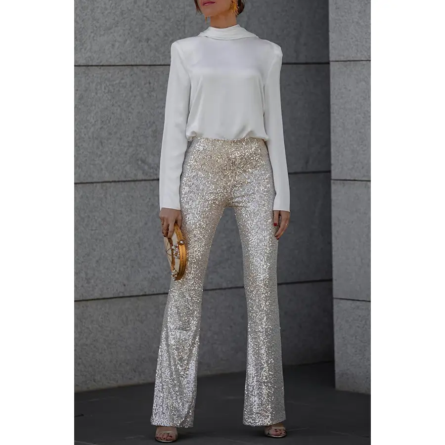 European And American Sequins Elastic Waist Slim Elastic Bell-bottom Pants