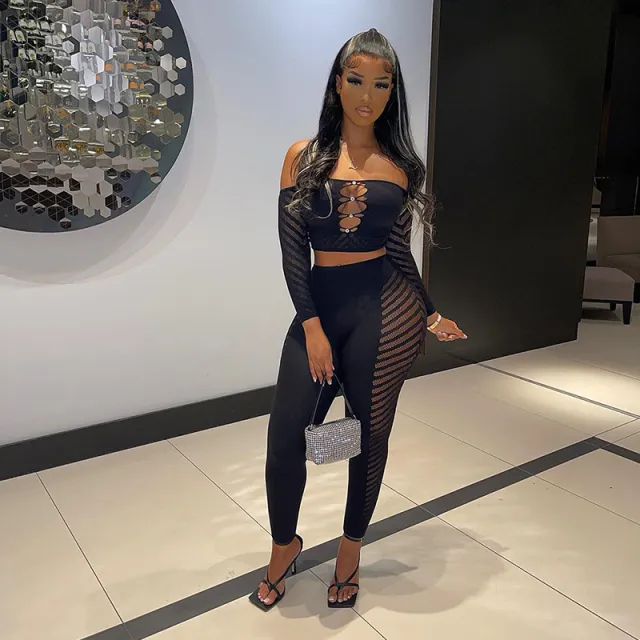 Women's Chest Wrap Long Sleeve Top And Trousers Casual Suit Black - Shop at LoveMi