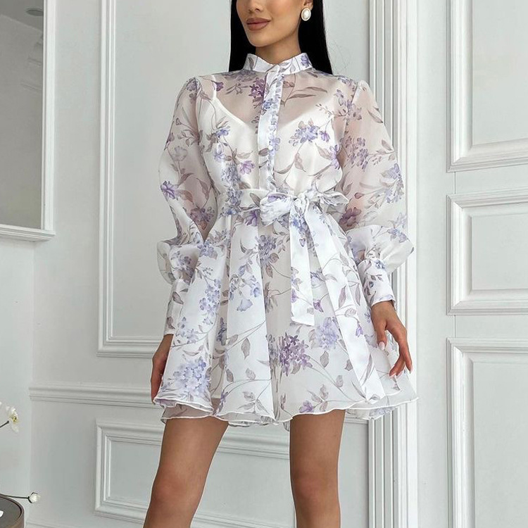 Stand-collar Long-sleeve Tie-front Printed Dress