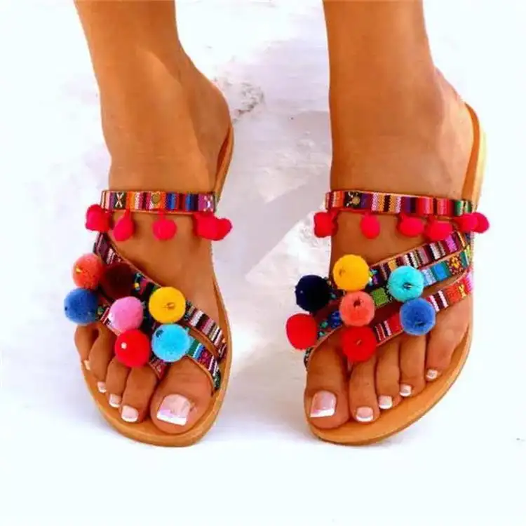 Foreign Trade Flat Toe Pearl Lace Flower Fur Ball Bohemian Beach Flat-heeled Sandals