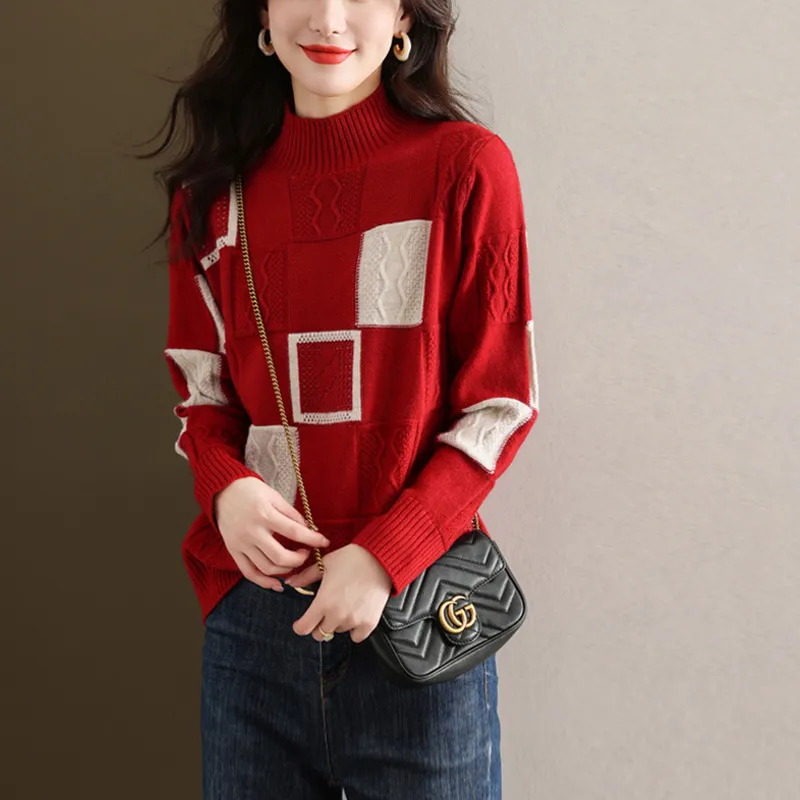 Autumn And Winter Extra Large Size Mock Neck Sweater Women's Loose - Red