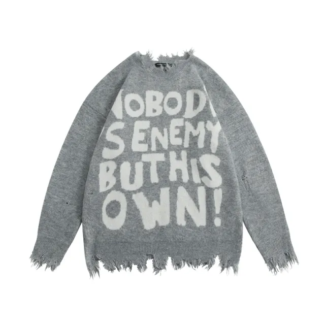 Street Fashion Make Old Ripped Letter Jacquard Burr Knitted Pullover Gray - Shop at LoveMi