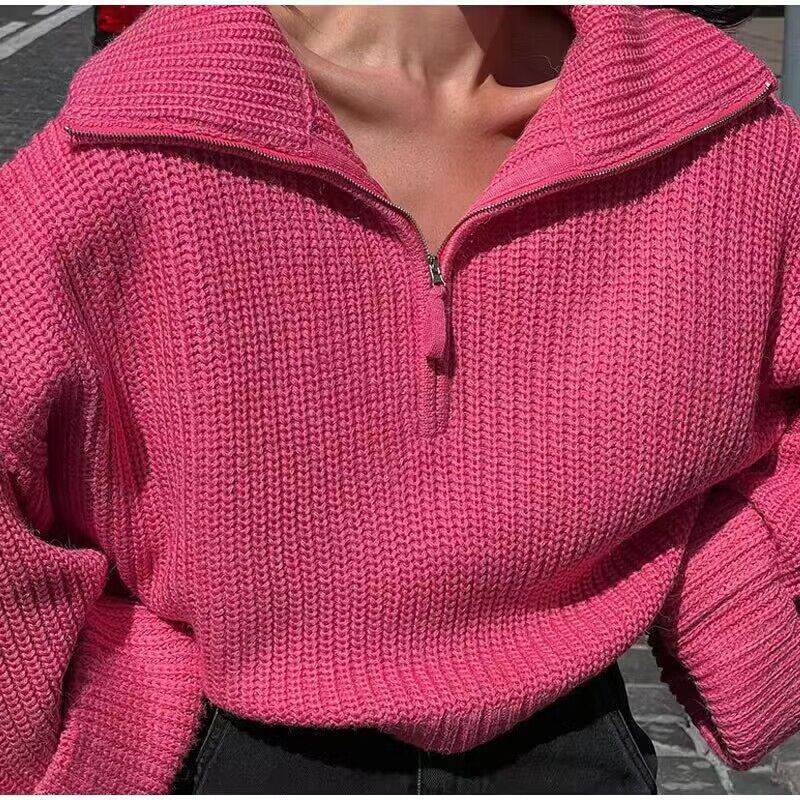 Pullover Solid Color Women's Zipper Loose Casual Knitted Sweater For Women