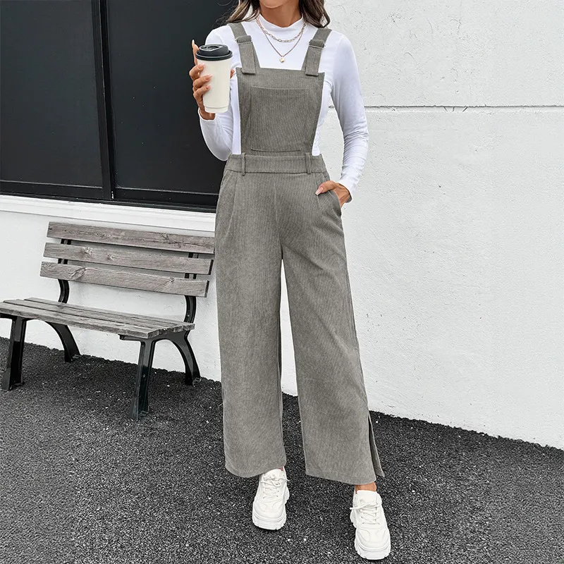 New Solid Color Simple Corduroy Bib Women's Jumpsuit - Gray