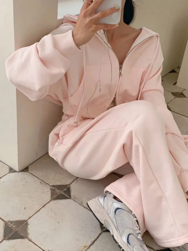 Hooded Solid Colour Sweatsuit With Drawstring - Pink