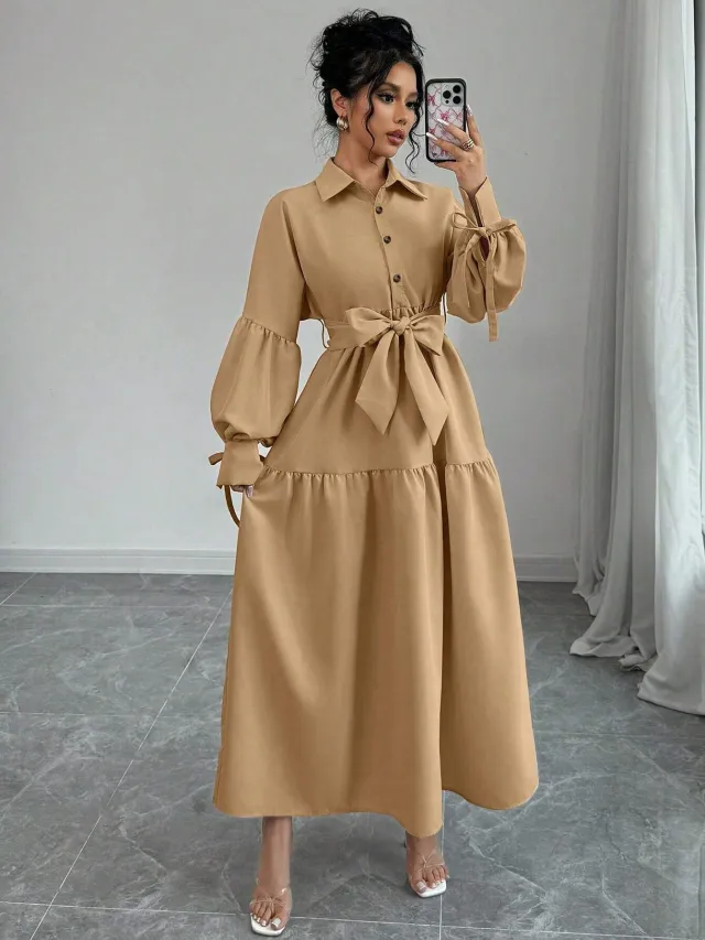 Fashionable Lace up Long Sleeve Puff Sleeve Dress Apricot - Shop at LoveMi
