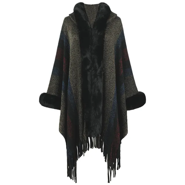 Women's Hooded Cape Autumn And Winter Striped Black - Shop at LoveMi