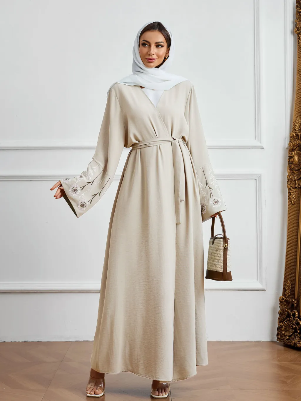 Fashionable Elegant Cardigan Belt Embroidered Dress Robe - Apricot