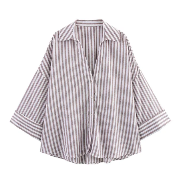 Casual All matching Lapel Striped Wide Sleeve Shirt Card Strip M - Shop at LoveMi