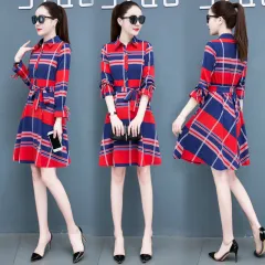 Fitted Waist Mid Length A Line Plaid Base Dress - Red - View 1