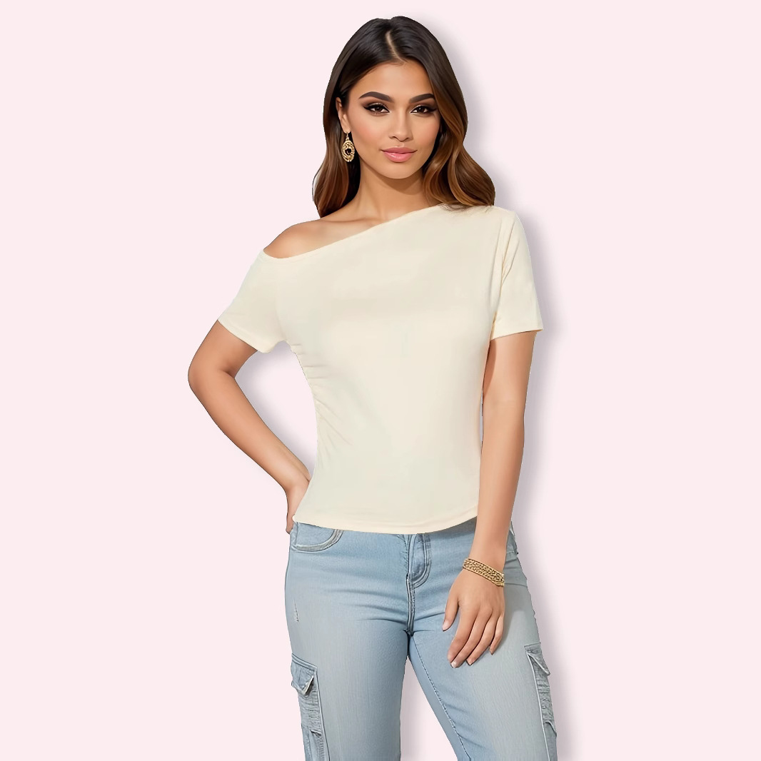Solid Color Womens Clothing Slant-Neck Sexy Slim-Fit Off-Shoulder Top
