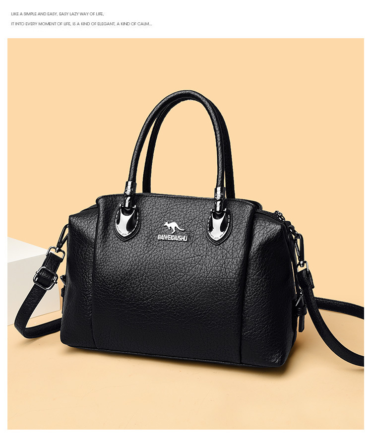 Black textured PU bag showing the top handles, front kangaroo emblem, metal attachments and removable strap