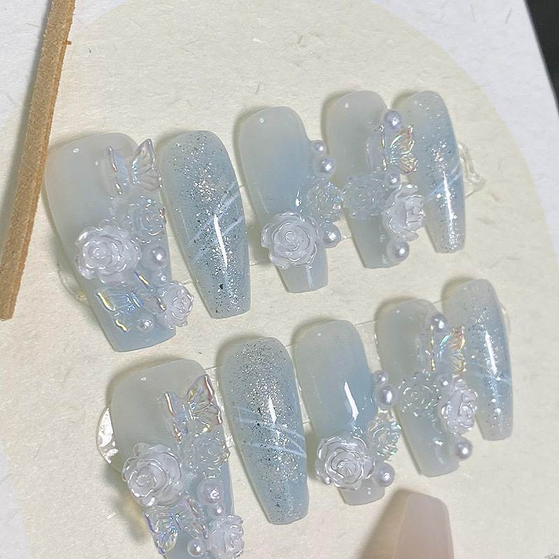 Handmade Wearable Nails In An Icy Translucent Camellia Design With A Blue-to-white Gradient
