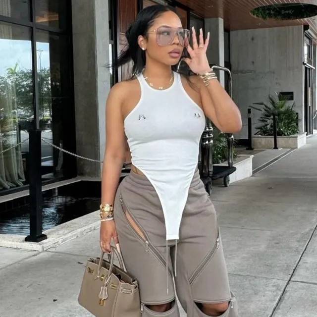 Women's Round Neck Hollow out Crotch Three dimensional Decoration One piece Top White - Shop at LoveMi