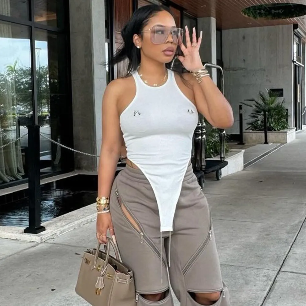 Women's Round Neck Hollow-out Crotch Three-dimensional Decoration One-piece Top - White