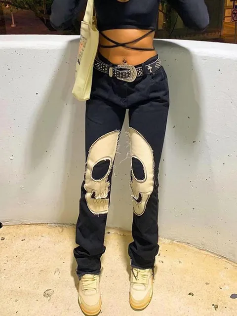Vintage Skull Printed Jeans Women's High Waist Black - Shop at LoveMi