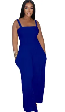 Women's Clothing Solid Color Casual Strap Tube Top Wide Leg Jumpsuit Blue - Shop at LoveMi