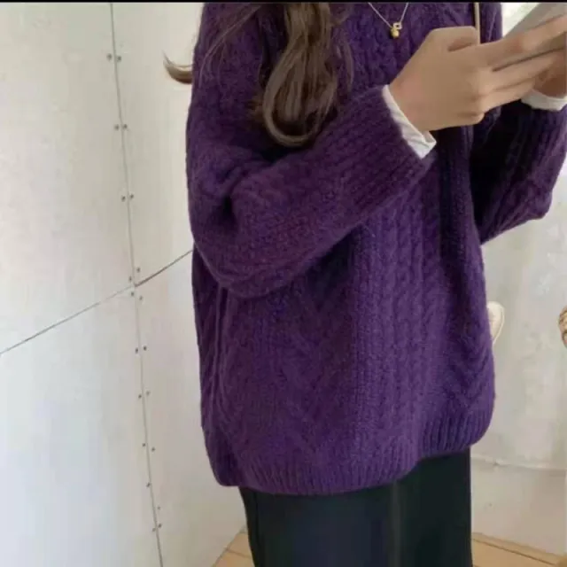 Thick Hemp Flowers Knitted Round Neck Sweater Retro Loose Top Purple - Shop at LoveMi