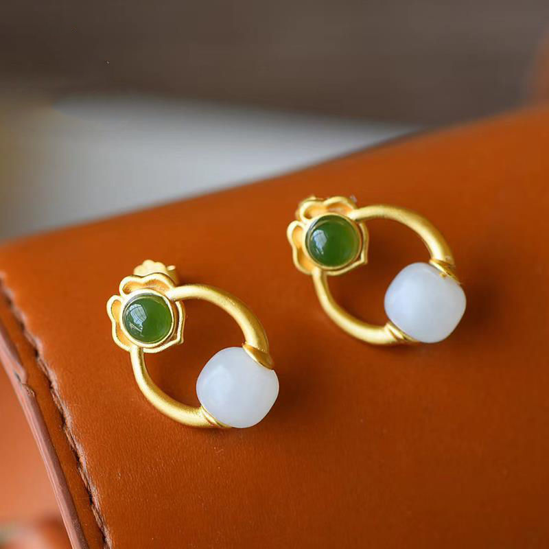 925 Silver Needle Natural Stud Earrings Retro Chinese Jasper