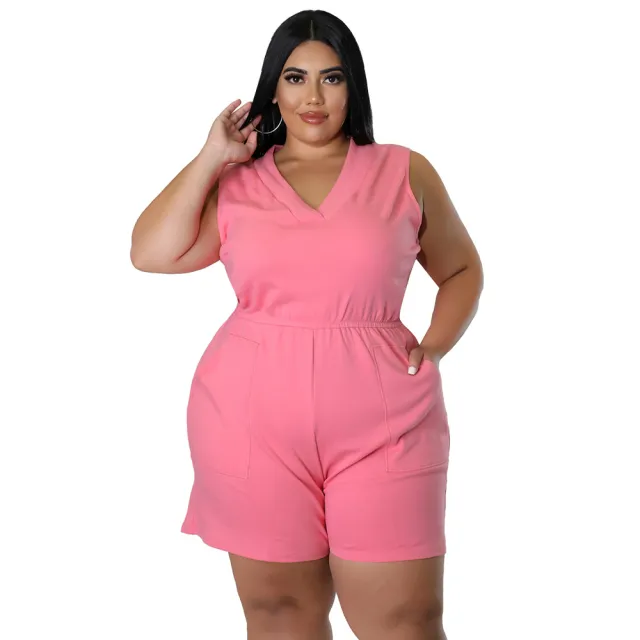 Plus Size Women's V neck Solid Color Sleeveless Casual Waist Overalls Pink - Shop at LoveMi
