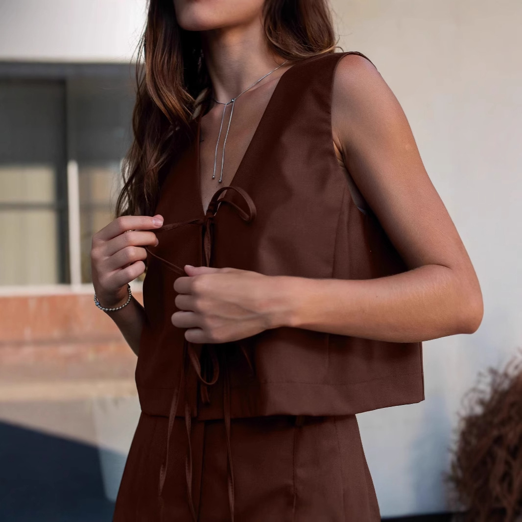 Lace V-neck Vest High Waist Short Skirt Two-piece Set