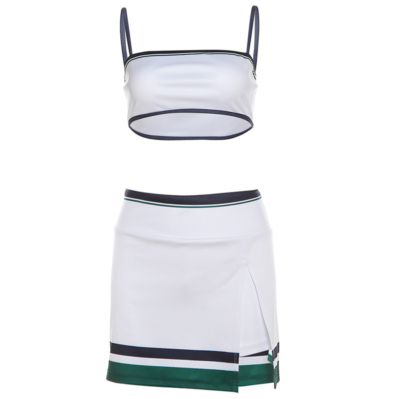 Suspender Stripes Color Matching Hip Skirt Suit White - Shop at LoveMi
