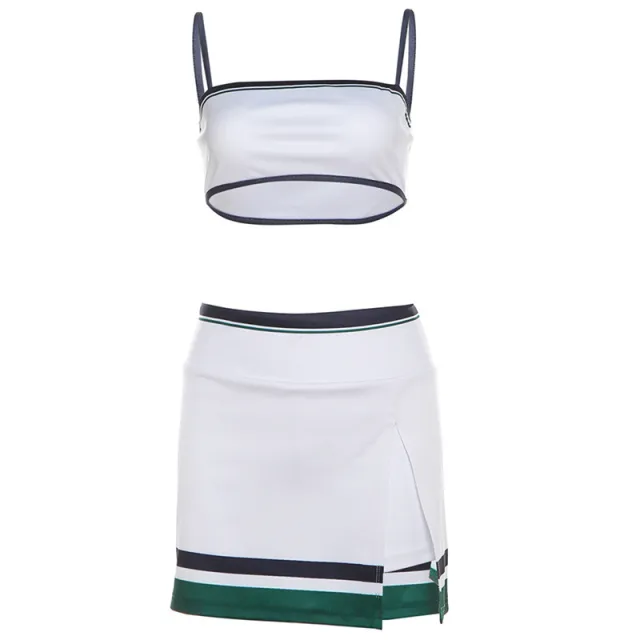 Suspender Stripes Color Matching Hip Skirt Suit White - Shop at LoveMi