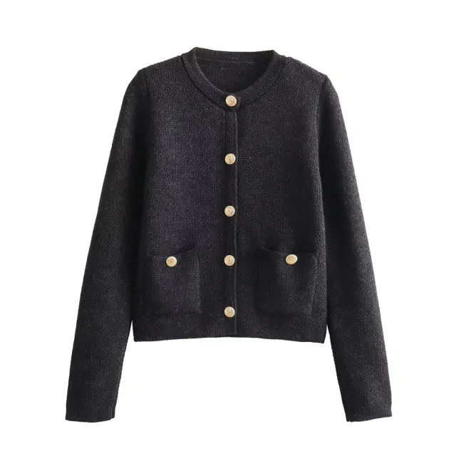 Spring Button Decoration Knitted Cardigan Jacket Pure Black - Shop at LoveMi