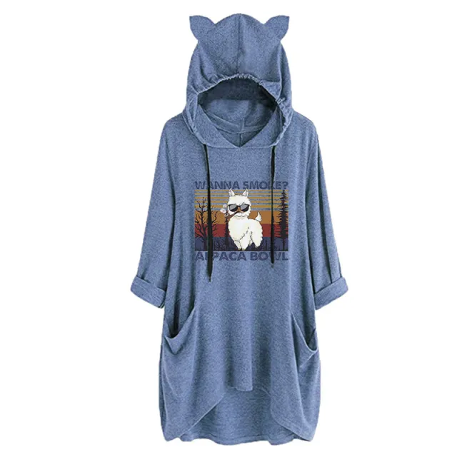 Half Sleeve Cat Ears WANNA SMOKE Cute Sweatshirt Blue - Shop at LoveMi