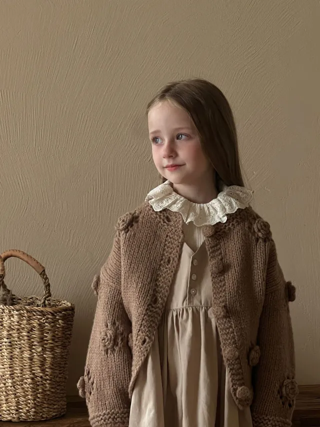 Children's Vintage Sweater Girls' Soft Cardigan Coffee Color Flower Sweater - Shop at LoveMi