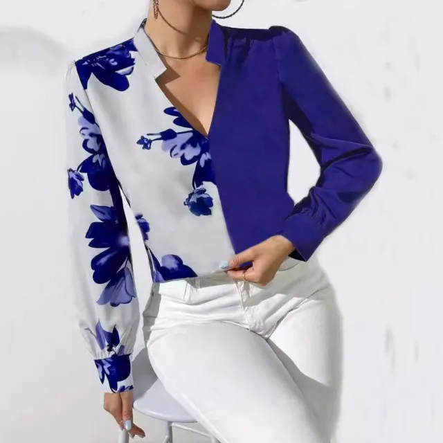 Printed Blouse V neck Long Sleeve Women's Blouse Blue - Shop at LoveMi