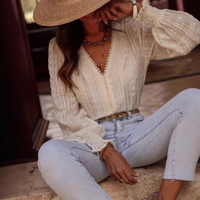 Elegant Commuter Style Fashion V Neck Lace Patchwork Long Sleeve Shirt Apricot - Shop at LoveMi