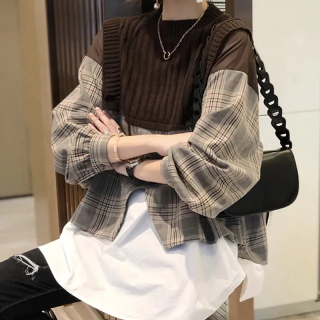 New Loose Shirt Splicing Knitwear Women Fake Two Pieces Western Style Shirt Khaki - Shop at LoveMi
