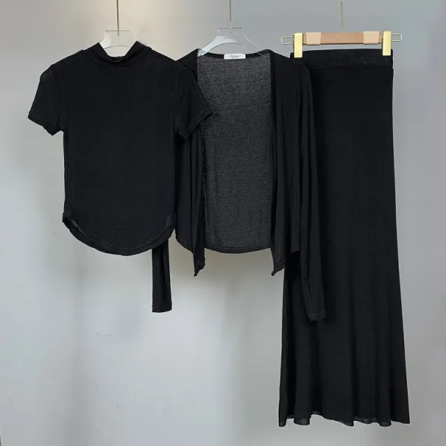 Semi high Neck Short sleeve T shirt Cardigan Fishtail Skirt Three piece Set For Women Black - Shop at LoveMi