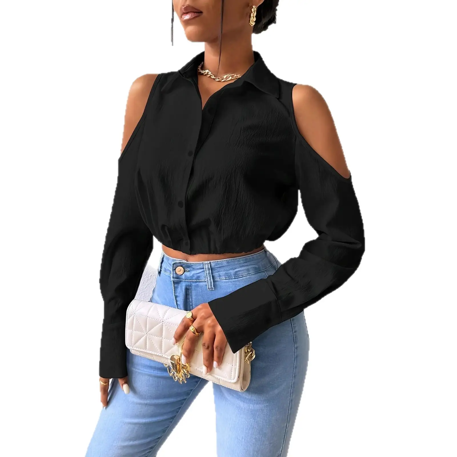 Womens Lapel-button-up Cardigan With A Sophisticated Blouse Design