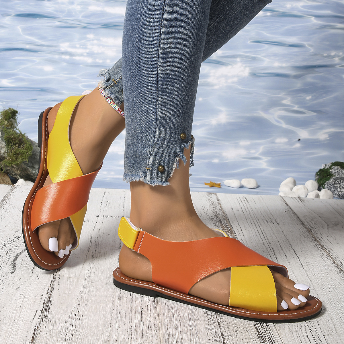 Women's color-block cross-strap flat sandals in Blue – Velcro closure sandal styled with jeans and a tee for casual everyday wear
