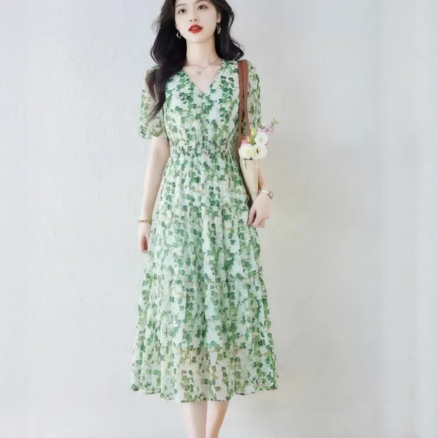 Women's Fresh And Chic Patchwork Puff Sleeve V Neck Chiffon Printed Dress Green - Shop at LoveMi