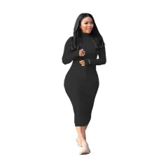 Casual Fashion Sunken Stripe Solid Colour Letter Embroidery Long Sleeve Dress - Black - View 1