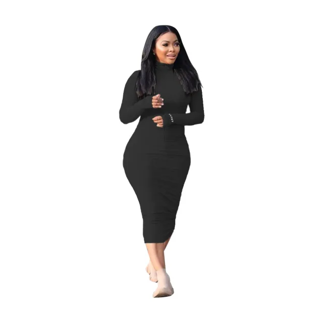Casual Fashion Sunken Stripe Solid Color Letter Embroidery Long Sleeve Dress Black - Shop at LoveMi