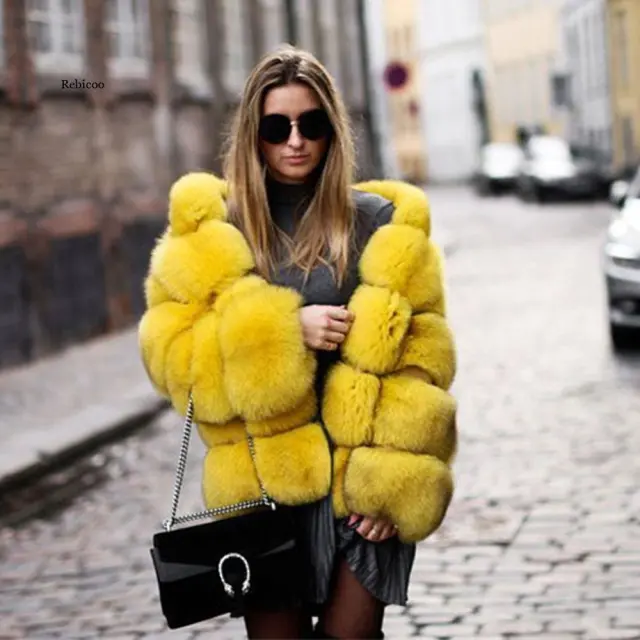 Women's Minimalist Hooded Patchwork Fur Grass Jacket Yellow - Shop at LoveMi