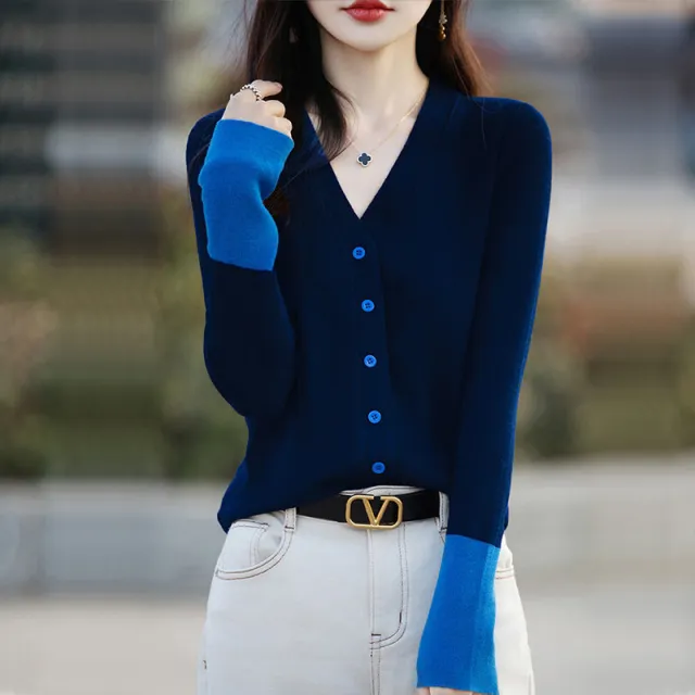 V neck Color Stitching Knitted Cardigan Coat Loose Thin Slimming Women's Sweater Navy Blue Color Matching - Shop at LoveMi